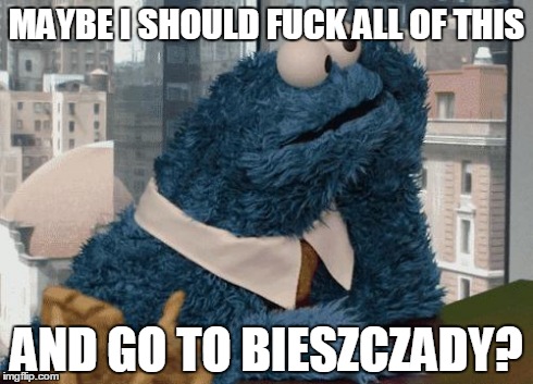 Cookie Monster thinking | MAYBE I SHOULD F**K ALL OF THIS AND GO TO BIESZCZADY? | image tagged in cookie monster thinking | made w/ Imgflip meme maker