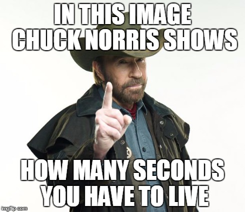 Aaaaand I'm..... *dies* | IN THIS IMAGE CHUCK NORRIS SHOWS HOW MANY SECONDS YOU HAVE TO LIVE | image tagged in memes,chuck norris | made w/ Imgflip meme maker