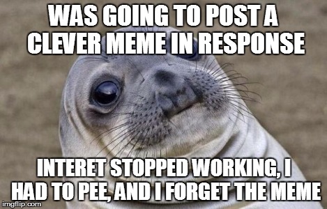 Awkward Moment Sealion Meme | WAS GOING TO POST A CLEVER MEME IN RESPONSE INTERET STOPPED WORKING, I HAD TO PEE, AND I FORGET THE MEME | image tagged in memes,awkward moment sealion | made w/ Imgflip meme maker