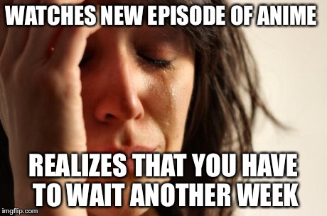 First World Problems Meme | WATCHES NEW EPISODE OF ANIME REALIZES THAT YOU HAVE TO WAIT ANOTHER WEEK | image tagged in memes,first world problems | made w/ Imgflip meme maker