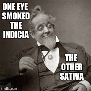 ONE EYE SMOKED THE INDICIA THE OTHER SATIVA | image tagged in stoned historian | made w/ Imgflip meme maker