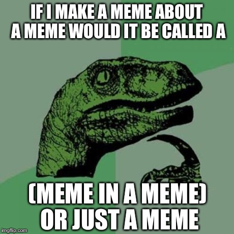 Philosoraptor | IF I MAKE A MEME ABOUT A MEME WOULD IT BE CALLED A (MEME IN A MEME) OR JUST A MEME | image tagged in memes,philosoraptor | made w/ Imgflip meme maker