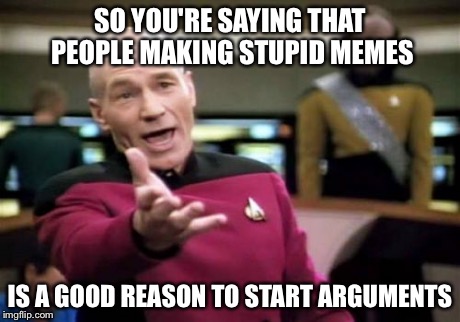 Picard Wtf Meme | SO YOU'RE SAYING THAT PEOPLE MAKING STUPID MEMES IS A GOOD REASON TO START ARGUMENTS | image tagged in memes,picard wtf | made w/ Imgflip meme maker