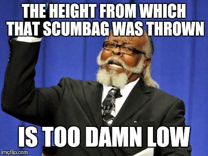 Too Damn High Meme | THE HEIGHT FROM WHICH THAT SCUMBAG WAS THROWN IS TOO DAMN LOW | image tagged in memes,too damn high | made w/ Imgflip meme maker