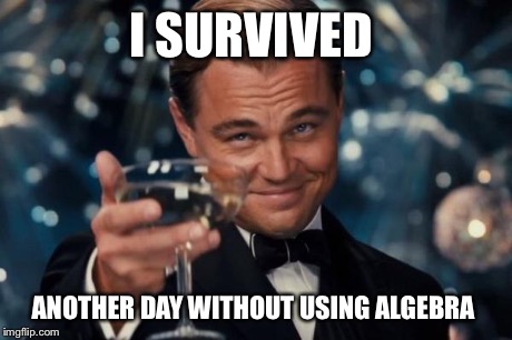 Leonardo Dicaprio Cheers Meme | I SURVIVED ANOTHER DAY WITHOUT USING ALGEBRA | image tagged in memes,leonardo dicaprio cheers | made w/ Imgflip meme maker