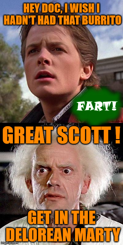 HEY DOC, I WISH I HADN'T HAD THAT BURRITO GREAT SCOTT ! GET IN THE DELOREAN MARTY | image tagged in hey doc great scott | made w/ Imgflip meme maker