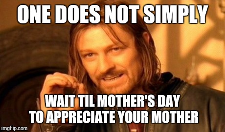 She doesn't just love you on your birthday, right?  | ONE DOES NOT SIMPLY WAIT TIL MOTHER'S DAY TO APPRECIATE YOUR MOTHER | image tagged in memes,one does not simply | made w/ Imgflip meme maker