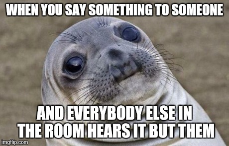 Awkward Moment Sealion | WHEN YOU SAY SOMETHING TO SOMEONE AND EVERYBODY ELSE IN THE ROOM HEARS IT BUT THEM | image tagged in memes,awkward moment sealion | made w/ Imgflip meme maker