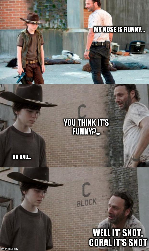 Rick and Carl 3 | MY NOSE IS RUNNY... YOU THINK IT'S FUNNY?,,. WELL IT' SNOT, CORAL IT'S SNOT NO DAD... | image tagged in memes,rick and carl 3 | made w/ Imgflip meme maker