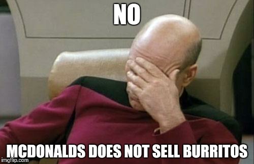 Captain Picard Facepalm Meme | NO MCDONALDS DOES NOT SELL BURRITOS | image tagged in memes,captain picard facepalm | made w/ Imgflip meme maker