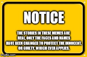 Here's your sign | NOTICE THE STORIES IN THESE MEMES ARE REAL, ONLY THE FACES AND NAMES HAVE BEEN CHANGED TO PROTECT THE INNOCENT, OR GUILTY, WHICH EVER APPLIE | image tagged in memes,blank yellow sign | made w/ Imgflip meme maker