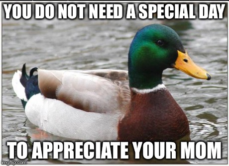 Actual Advice Mallard Meme | YOU DO NOT NEED A SPECIAL DAY TO APPRECIATE YOUR MOM | image tagged in memes,actual advice mallard,AdviceAnimals | made w/ Imgflip meme maker