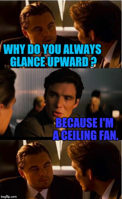I think Leo does this one better than Bad Pun Dog | WHY DO YOU ALWAYS GLANCE UPWARD ? BECAUSE I'M A CEILING FAN. | image tagged in memes,inception | made w/ Imgflip meme maker