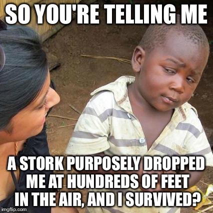 Third World Skeptical Kid Meme | SO YOU'RE TELLING ME A STORK PURPOSELY DROPPED ME AT HUNDREDS OF FEET IN THE AIR, AND I SURVIVED? | image tagged in memes,third world skeptical kid | made w/ Imgflip meme maker