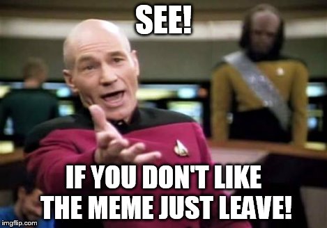 Picard Wtf Meme | SEE! IF YOU DON'T LIKE THE MEME JUST LEAVE! | image tagged in memes,picard wtf | made w/ Imgflip meme maker