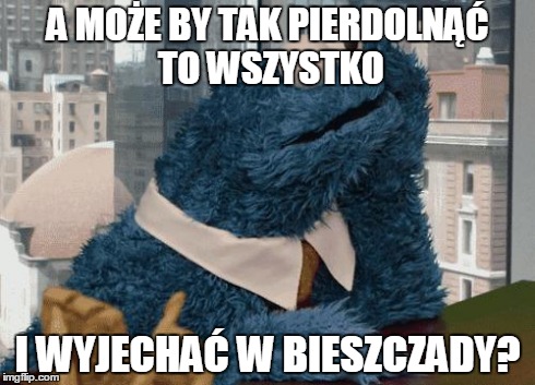 Cookie Monster thinking | A MOŻE BY TAK PIERDOLNĄĆ TO WSZYSTKO I WYJECHAĆ W BIESZCZADY? | image tagged in cookie monster thinking | made w/ Imgflip meme maker