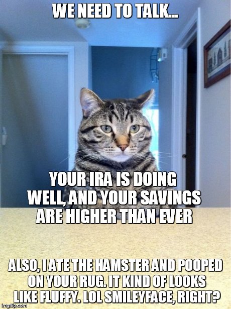 Take A Seat Cat | WE NEED TO TALK... ALSO, I ATE THE HAMSTER AND POOPED ON YOUR RUG. IT KIND OF LOOKS LIKE FLUFFY. LOL SMILEYFACE, RIGHT? YOUR IRA IS DOING WE | image tagged in memes,take a seat cat | made w/ Imgflip meme maker