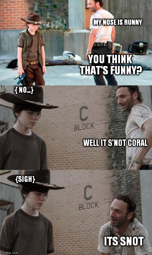 Rick and Carl 3 | MY NOSE IS RUNNY YOU THINK THAT'S FUNNY? WELL IT S'NOT CORAL ITS SNOT { NO...} {SIGH} | image tagged in memes,rick and carl 3 | made w/ Imgflip meme maker
