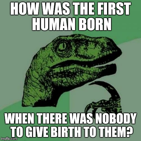 Philosoraptor | HOW WAS THE FIRST HUMAN BORN WHEN THERE WAS NOBODY TO GIVE BIRTH TO THEM? | image tagged in memes,philosoraptor | made w/ Imgflip meme maker