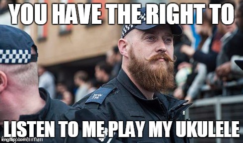 Miranda Righs | YOU HAVE THE RIGHT TO LISTEN TO ME PLAY MY UKULELE | image tagged in hipstercop | made w/ Imgflip meme maker
