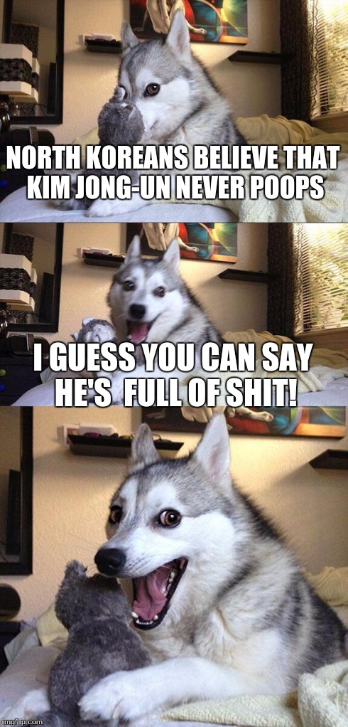 Bad Pun Dog Meme | NORTH KOREANS BELIEVE THAT KIM JONG-UN NEVER POOPS I GUESS YOU CAN SAY HE'S  FULL OF SHIT! | image tagged in memes,bad pun dog,north korea,kim jong un | made w/ Imgflip meme maker