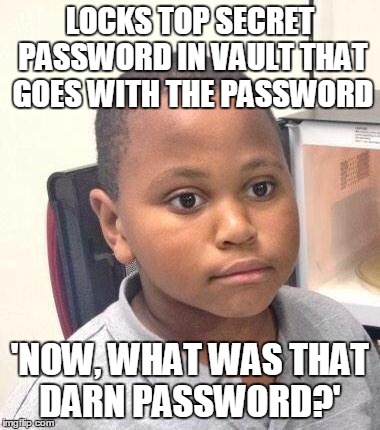 Minor Mistake Marvin Meme | LOCKS TOP SECRET PASSWORD IN VAULT THAT GOES WITH THE PASSWORD 'NOW, WHAT WAS THAT DARN PASSWORD?' | image tagged in memes,minor mistake marvin | made w/ Imgflip meme maker