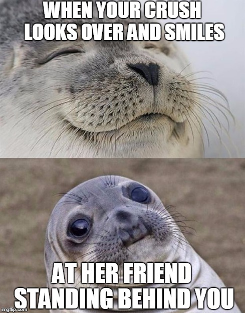 Short Satisfaction VS Truth Meme | WHEN YOUR CRUSH LOOKS OVER AND SMILES AT HER FRIEND STANDING BEHIND YOU | image tagged in memes,short satisfaction vs truth | made w/ Imgflip meme maker