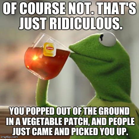 But That's None Of My Business Meme | OF COURSE NOT. THAT'S JUST RIDICULOUS. YOU POPPED OUT OF THE GROUND IN A VEGETABLE PATCH, AND PEOPLE JUST CAME AND PICKED YOU UP. | image tagged in memes,but thats none of my business,kermit the frog | made w/ Imgflip meme maker