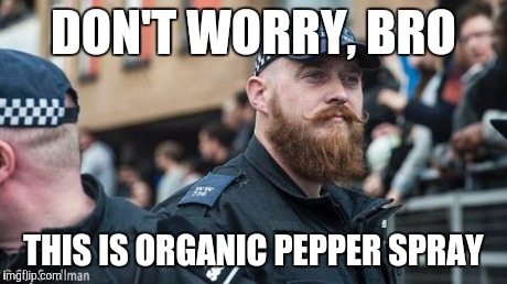 Hipster Cop | DON'T WORRY, BRO THIS IS ORGANIC PEPPER SPRAY | image tagged in hipster cop,organic | made w/ Imgflip meme maker
