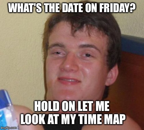 10 Guy Meme | WHAT'S THE DATE ON FRIDAY? HOLD ON LET ME LOOK AT MY TIME MAP | image tagged in memes,10 guy | made w/ Imgflip meme maker
