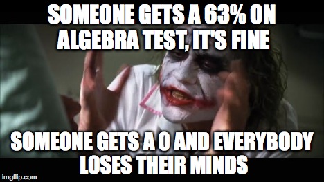And everybody loses their minds Meme | SOMEONE GETS A 63% ON ALGEBRA TEST, IT'S FINE SOMEONE GETS A 0 AND EVERYBODY LOSES THEIR MINDS | image tagged in memes,and everybody loses their minds | made w/ Imgflip meme maker