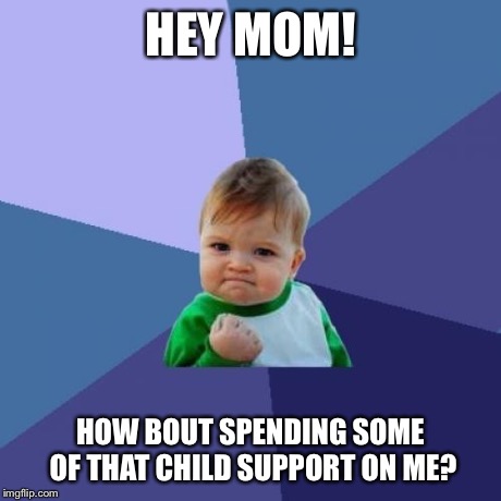 Success Kid | HEY MOM! HOW BOUT SPENDING SOME OF THAT CHILD SUPPORT ON ME? | image tagged in memes,success kid | made w/ Imgflip meme maker