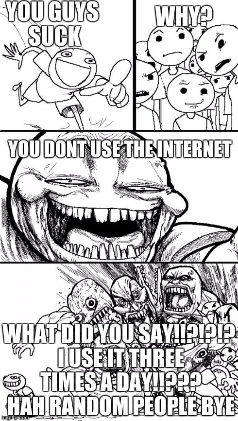 Hey Internet | YOU GUYS SUCK WHAT DID YOU SAY!!?!?!? I USE IT THREE TIMES A DAY!!??? HAH RANDOM PEOPLE BYE WHY? YOU DONT USE THE INTERNET | image tagged in memes,hey internet | made w/ Imgflip meme maker