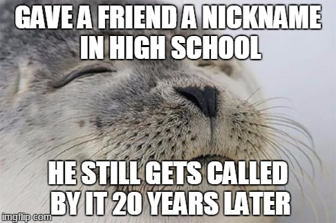 Satisfied Seal Meme | GAVE A FRIEND A NICKNAME IN HIGH SCHOOL HE STILL GETS CALLED BY IT 20 YEARS LATER | image tagged in memes,satisfied seal,AdviceAnimals | made w/ Imgflip meme maker