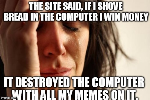 First World Problems | THE SITE SAID, IF I SHOVE BREAD IN THE COMPUTER I WIN MONEY IT DESTROYED THE COMPUTER WITH ALL MY MEMES ON IT. | image tagged in memes,first world problems | made w/ Imgflip meme maker