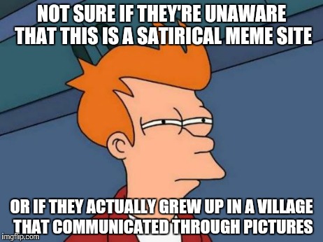 Futurama Fry | NOT SURE IF THEY'RE UNAWARE THAT THIS IS A SATIRICAL MEME SITE OR IF THEY ACTUALLY GREW UP IN A VILLAGE THAT COMMUNICATED THROUGH PICTURES | image tagged in memes,futurama fry | made w/ Imgflip meme maker