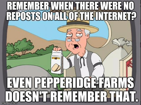 Pepperidge farms | REMEMBER WHEN THERE WERE NO REPOSTS ON ALL OF THE INTERNET? EVEN PEPPERIDGE FARMS DOESN'T REMEMBER THAT. | image tagged in pepperidge farms | made w/ Imgflip meme maker