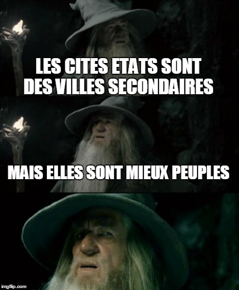 Confused Gandalf Meme | LES CITES ETATS SONT DES VILLES SECONDAIRES MAIS ELLES SONT MIEUX PEUPLES | image tagged in memes,confused gandalf | made w/ Imgflip meme maker