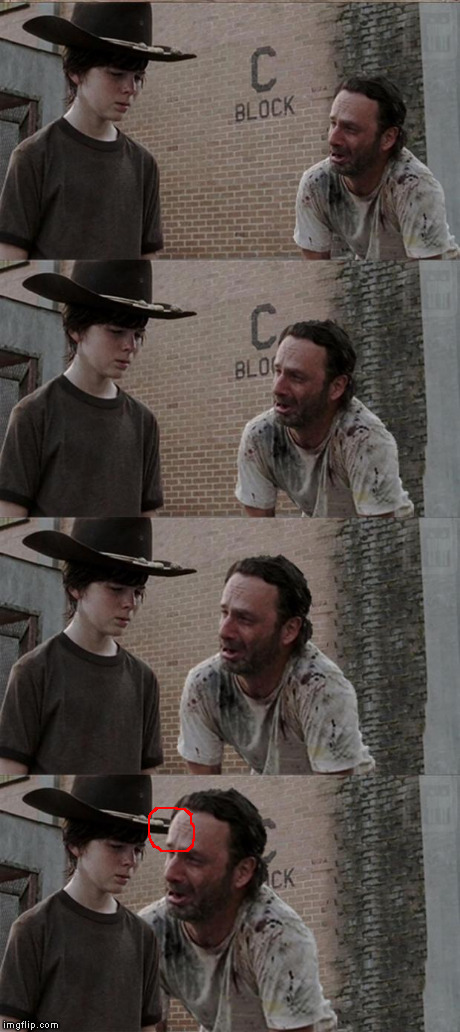 This template is obviously Photoshopped. BTW, look at the top-right of the panel. Is that a sign with people on it? | THIS MEME IS OBVIOUSLY PHOTOSHOPPED. LOOK AT CARL'S COWBOY HAT ON THE LAST PANEL. | image tagged in memes,rick and carl long | made w/ Imgflip meme maker