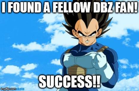 success vegeta | I FOUND A FELLOW DBZ FAN! SUCCESS!! | image tagged in success vegeta | made w/ Imgflip meme maker