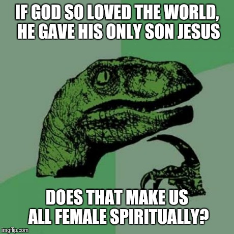 Philosoraptor | IF GOD SO LOVED THE WORLD, HE GAVE HIS ONLY SON JESUS DOES THAT MAKE US ALL FEMALE SPIRITUALLY? | image tagged in memes,philosoraptor | made w/ Imgflip meme maker