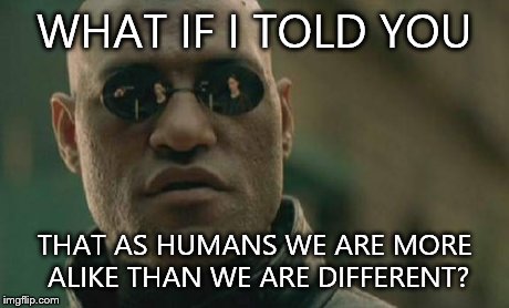 Matrix Morpheus Meme | WHAT IF I TOLD YOU THAT AS HUMANS WE ARE MORE ALIKE THAN WE ARE DIFFERENT? | image tagged in memes,matrix morpheus | made w/ Imgflip meme maker