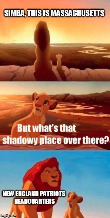 The NFL hands out punishment for 'Deflategate' | SIMBA, THIS IS MASSACHUSETTS NEW ENGLAND PATRIOTS HEADQUARTERS | image tagged in memes,simba shadowy place | made w/ Imgflip meme maker