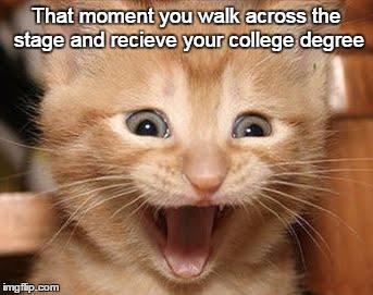 Excited Cat Meme | That moment you walk across the stage and recieve your college degree | image tagged in memes,excited cat,imgflip,animals | made w/ Imgflip meme maker