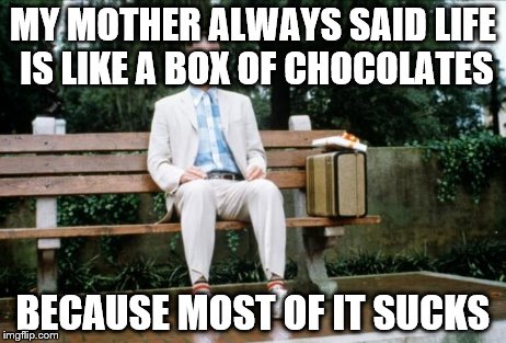 That's Forrest Gump, By the Way | MY MOTHER ALWAYS SAID LIFE IS LIKE A BOX OF CHOCOLATES BECAUSE MOST OF IT SUCKS | image tagged in forrest gump | made w/ Imgflip meme maker