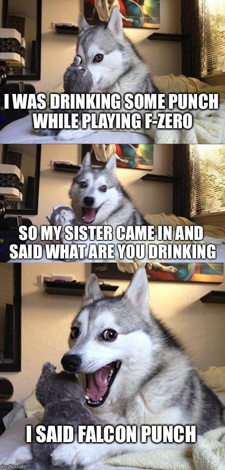 Bad pun.  Nuff said | I WAS DRINKING
SOME PUNCH WHILE PLAYING F-ZERO SO MY SISTER CAME IN AND SAID WHAT ARE YOU DRINKING I SAID FALCON PUNCH | image tagged in memes,bad pun dog | made w/ Imgflip meme maker