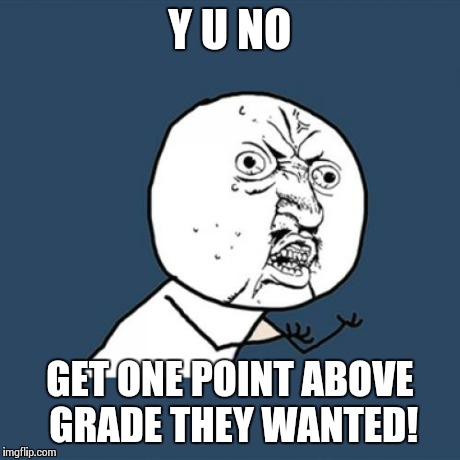 Y U No Meme | Y U NO GET ONE POINT ABOVE GRADE THEY WANTED! | image tagged in memes,y u no | made w/ Imgflip meme maker