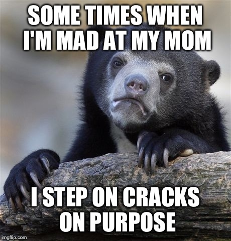Confession Bear | SOME TIMES WHEN I'M MAD AT MY MOM I STEP ON CRACKS ON PURPOSE | image tagged in memes,confession bear | made w/ Imgflip meme maker