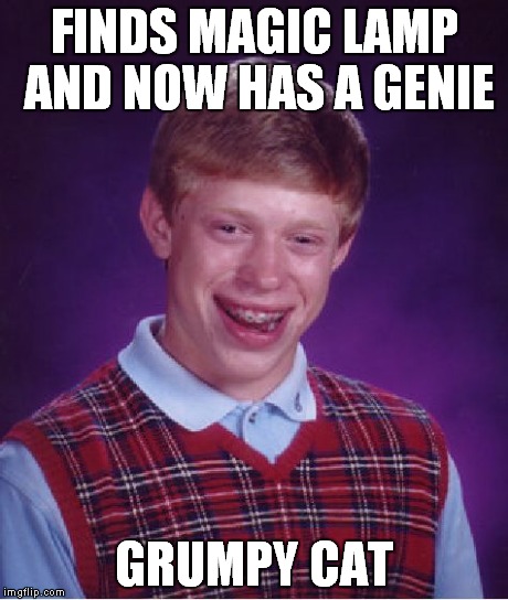 Bad Luck Brian Meme | FINDS MAGIC LAMP AND NOW HAS A GENIE GRUMPY CAT | image tagged in memes,bad luck brian | made w/ Imgflip meme maker