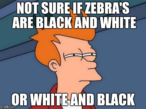 Futurama Fry Meme | NOT SURE IF ZEBRA'S ARE BLACK AND WHITE OR WHITE AND BLACK | image tagged in memes,futurama fry | made w/ Imgflip meme maker